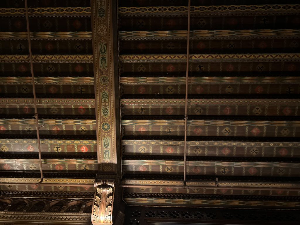 Photograph of the board and batten ceiling in the NYC bar The Campbell.