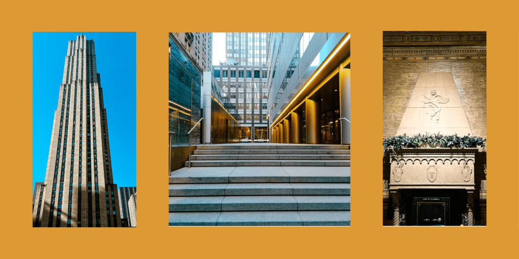 The blog header for "Perspective In Architectural Photography". It contains three photographs framed in orange. The First photograph is of the Rockefeller Center. The second photograph is of a fancy alley way in NYC. The third photograph is of the fireplace in The Campbell, a bar in Grand Central Station.