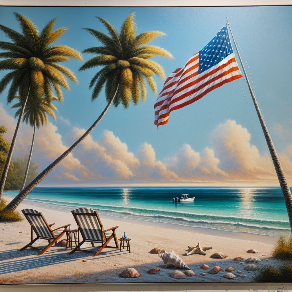 AI generated "painting" of a beach with a big American flag.