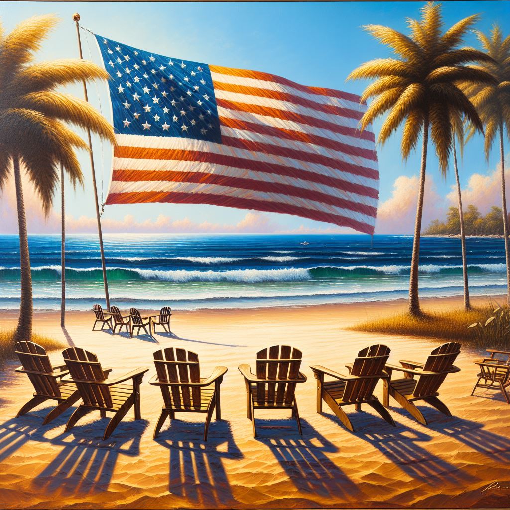 AI generated "painting" of a beach with a big American flag.