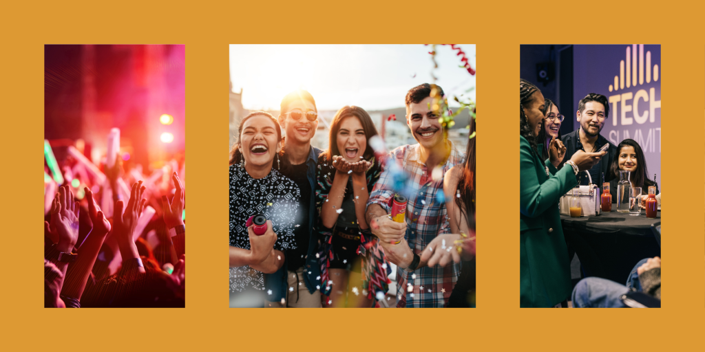 Three photos framed in orange. The first is a concert. The second is a group of people having fun at a color run or something. The third is people at a tech conference.